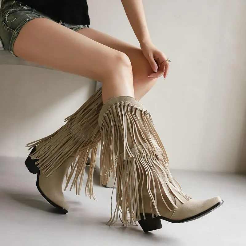 Meefit Fringe Cowboy Knee High Boots for Women Chunky Heel Tassel Cowgirl Boots Pull On Suede Western Tall Boots
