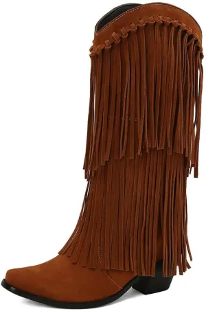 Meefit Fringe Cowboy Knee High Boots for Women Chunky Heel Tassel Cowgirl Boots Pull On Suede Western Tall Boots