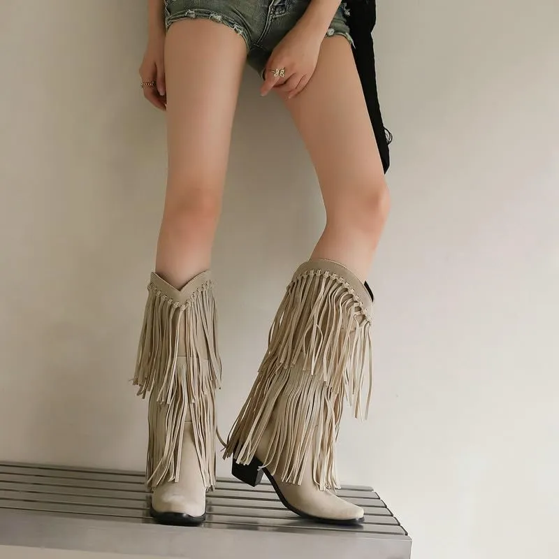 Meefit Fringe Cowboy Knee High Boots for Women Chunky Heel Tassel Cowgirl Boots Pull On Suede Western Tall Boots