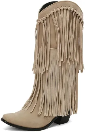 Meefit Fringe Cowboy Knee High Boots for Women Chunky Heel Tassel Cowgirl Boots Pull On Suede Western Tall Boots