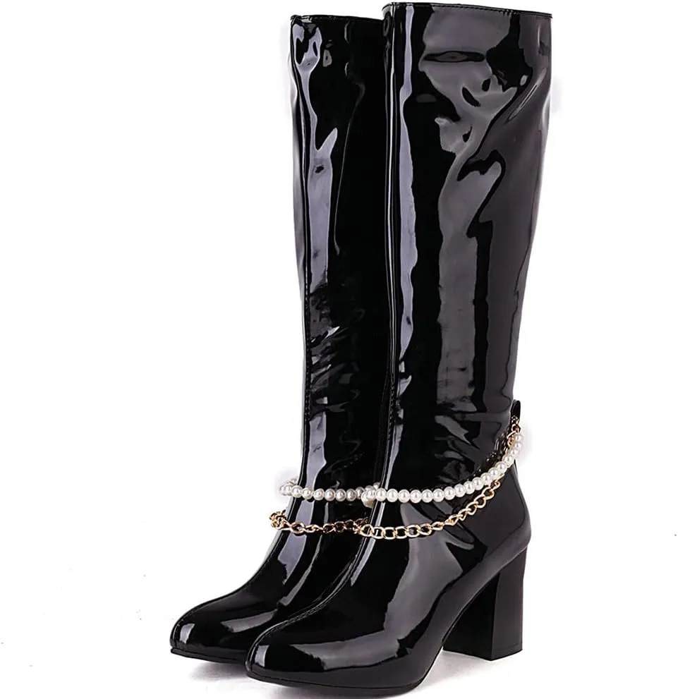 Meefit Women Chunky Heel Knee High Patent Leather Boots with Chain Pointed Toe Knee Length Boots Block Heel