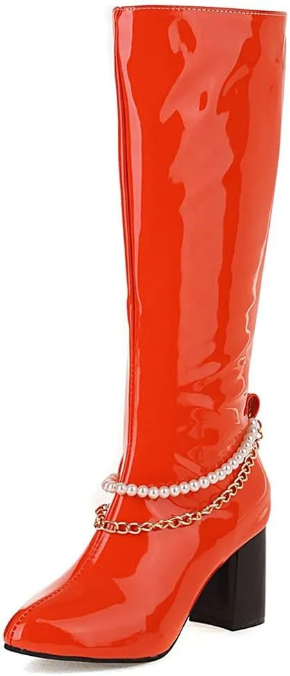 Meefit Women Chunky Heel Knee High Patent Leather Boots with Chain Pointed Toe Knee Length Boots Block Heel