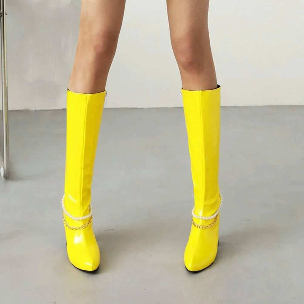 Meefit Women Chunky Heel Knee High Patent Leather Boots with Chain Pointed Toe Knee Length Boots Block Heel