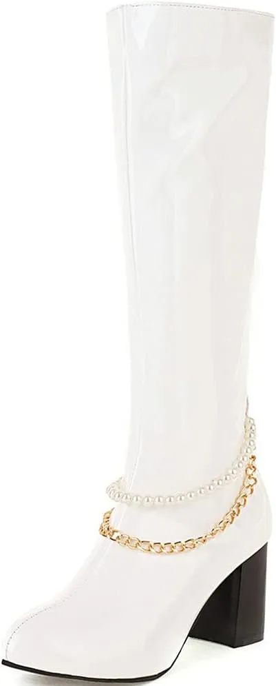 Meefit Women Chunky Heel Knee High Patent Leather Boots with Chain Pointed Toe Knee Length Boots Block Heel