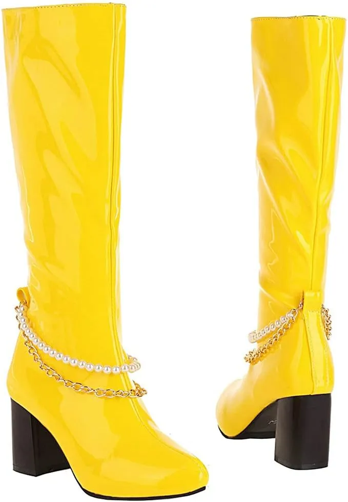 Meefit Women Chunky Heel Knee High Patent Leather Boots with Chain Pointed Toe Knee Length Boots Block Heel