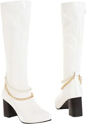 Meefit Women Chunky Heel Knee High Patent Leather Boots with Chain Pointed Toe Knee Length Boots Block Heel