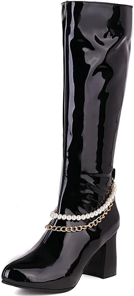 Meefit Women Chunky Heel Knee High Patent Leather Boots with Chain Pointed Toe Knee Length Boots Block Heel