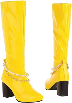 Meefit Women Chunky Heel Knee High Patent Leather Boots with Chain Pointed Toe Knee Length Boots Block Heel