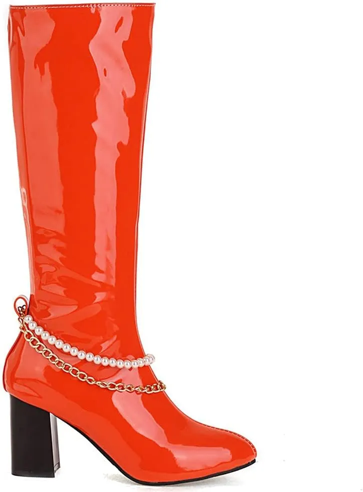 Meefit Women Chunky Heel Knee High Patent Leather Boots with Chain Pointed Toe Knee Length Boots Block Heel