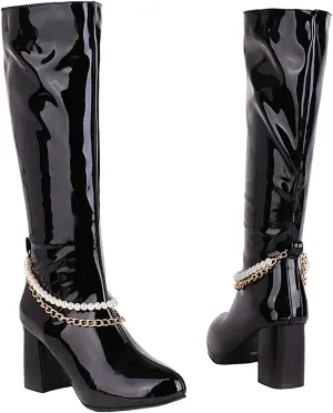 Meefit Women Chunky Heel Knee High Patent Leather Boots with Chain Pointed Toe Knee Length Boots Block Heel