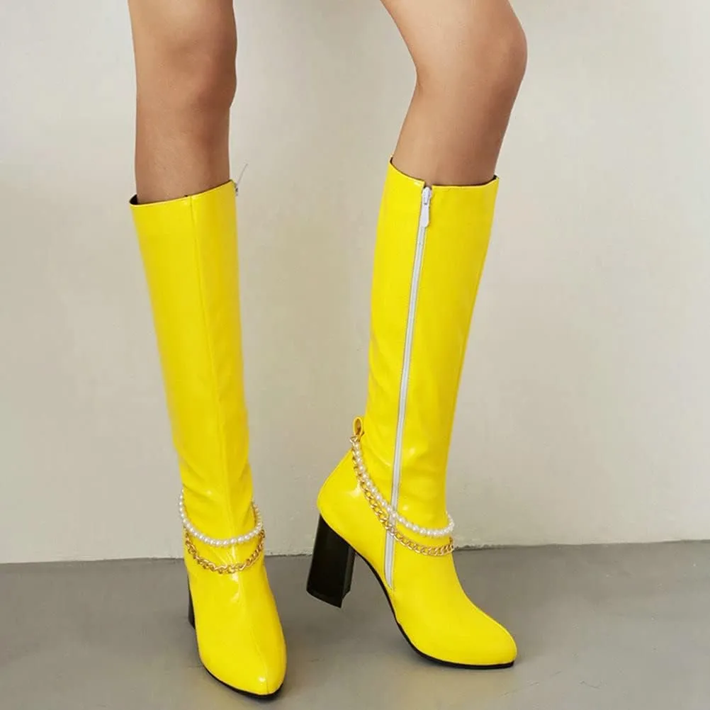 Meefit Women Chunky Heel Knee High Patent Leather Boots with Chain Pointed Toe Knee Length Boots Block Heel