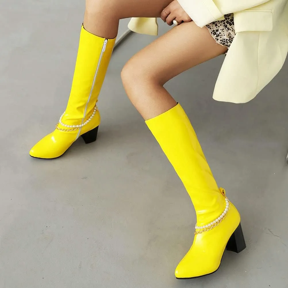 Meefit Women Chunky Heel Knee High Patent Leather Boots with Chain Pointed Toe Knee Length Boots Block Heel