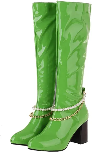 Meefit Women Chunky Heel Knee High Patent Leather Boots with Chain Pointed Toe Knee Length Boots Block Heel