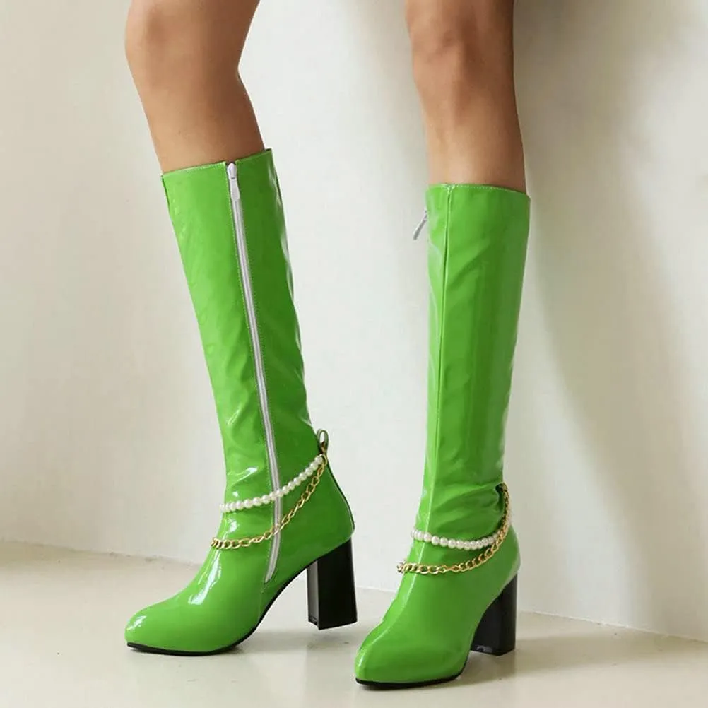 Meefit Women Chunky Heel Knee High Patent Leather Boots with Chain Pointed Toe Knee Length Boots Block Heel