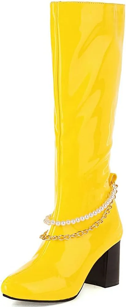 Meefit Women Chunky Heel Knee High Patent Leather Boots with Chain Pointed Toe Knee Length Boots Block Heel