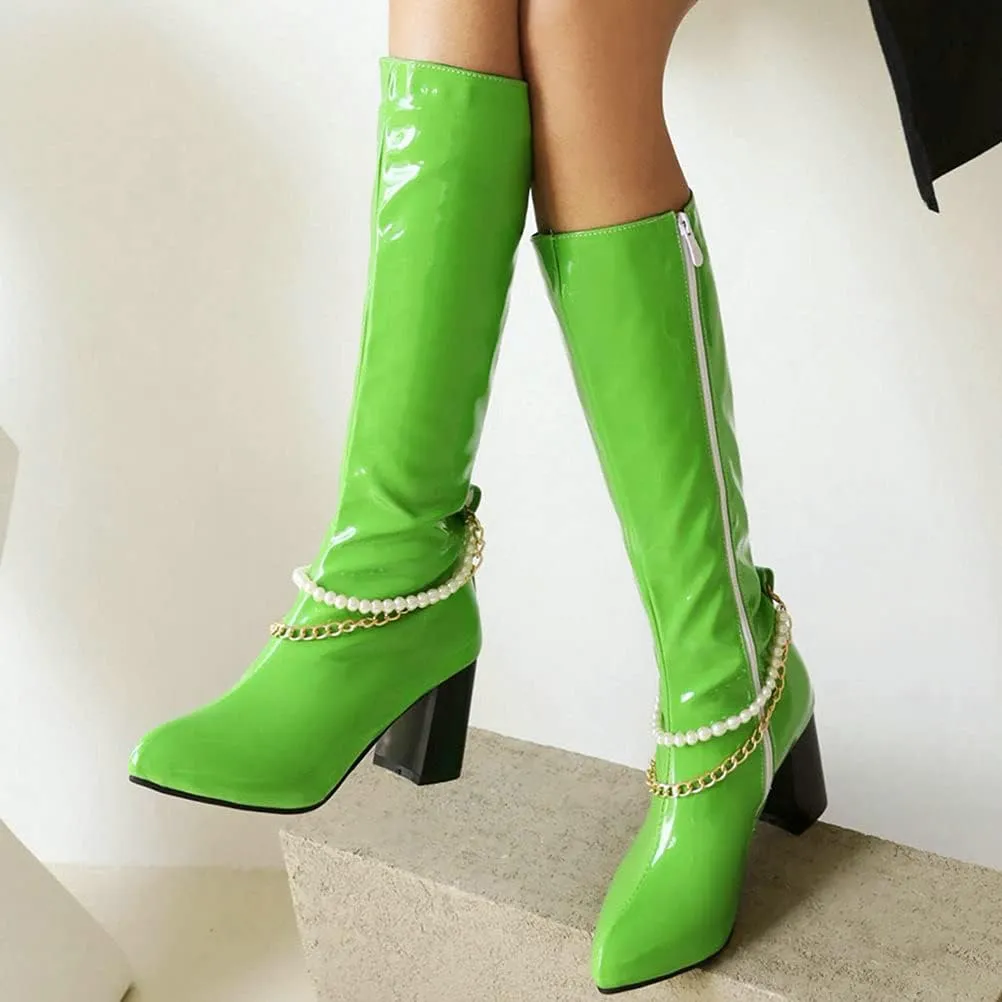 Meefit Women Chunky Heel Knee High Patent Leather Boots with Chain Pointed Toe Knee Length Boots Block Heel
