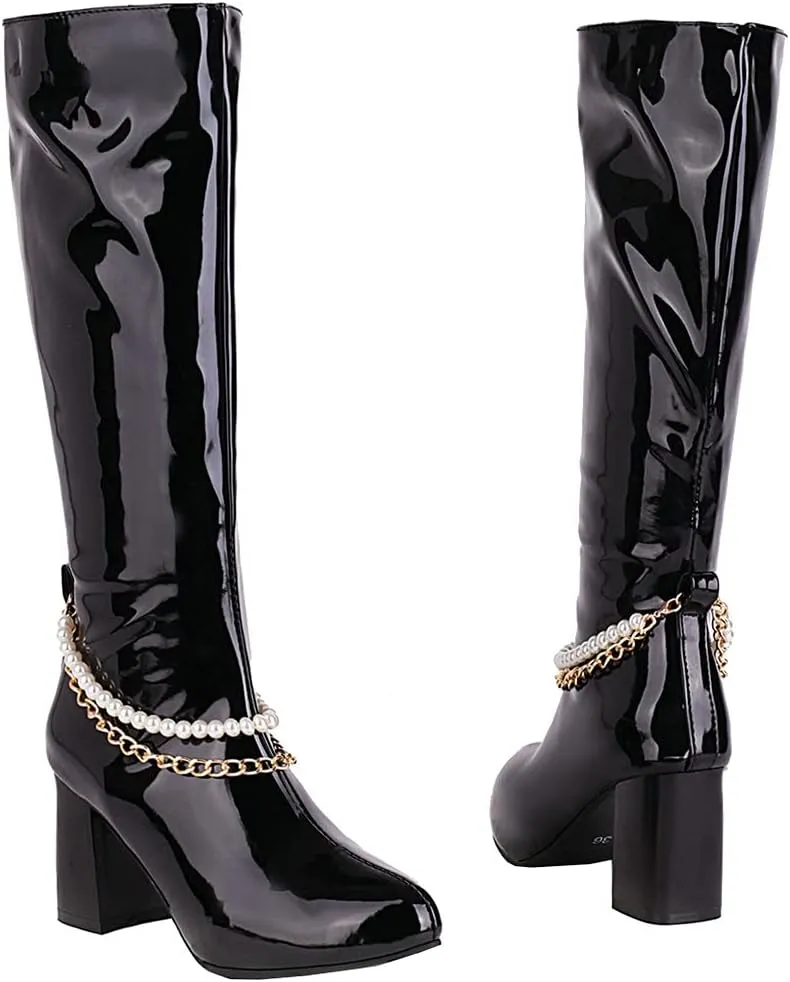 Meefit Women Chunky Heel Knee High Patent Leather Boots with Chain Pointed Toe Knee Length Boots Block Heel