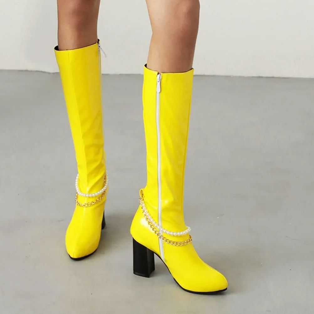 Meefit Women Chunky Heel Knee High Patent Leather Boots with Chain Pointed Toe Knee Length Boots Block Heel