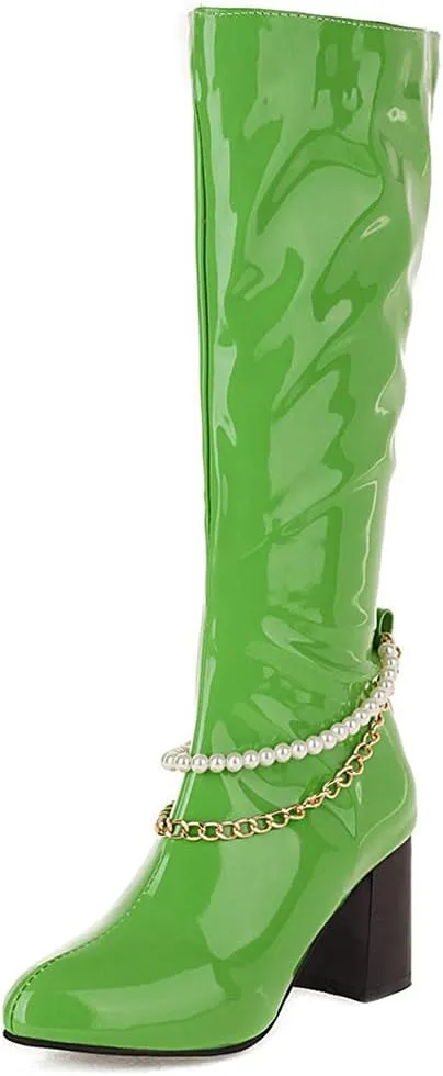 Meefit Women Chunky Heel Knee High Patent Leather Boots with Chain Pointed Toe Knee Length Boots Block Heel