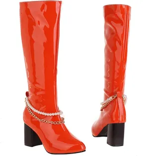 Meefit Women Chunky Heel Knee High Patent Leather Boots with Chain Pointed Toe Knee Length Boots Block Heel