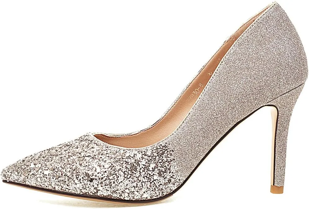 Meefit Women Glitter High Heel Pumps Stiletto Pointed Toe Slip On Sparkly Pumps