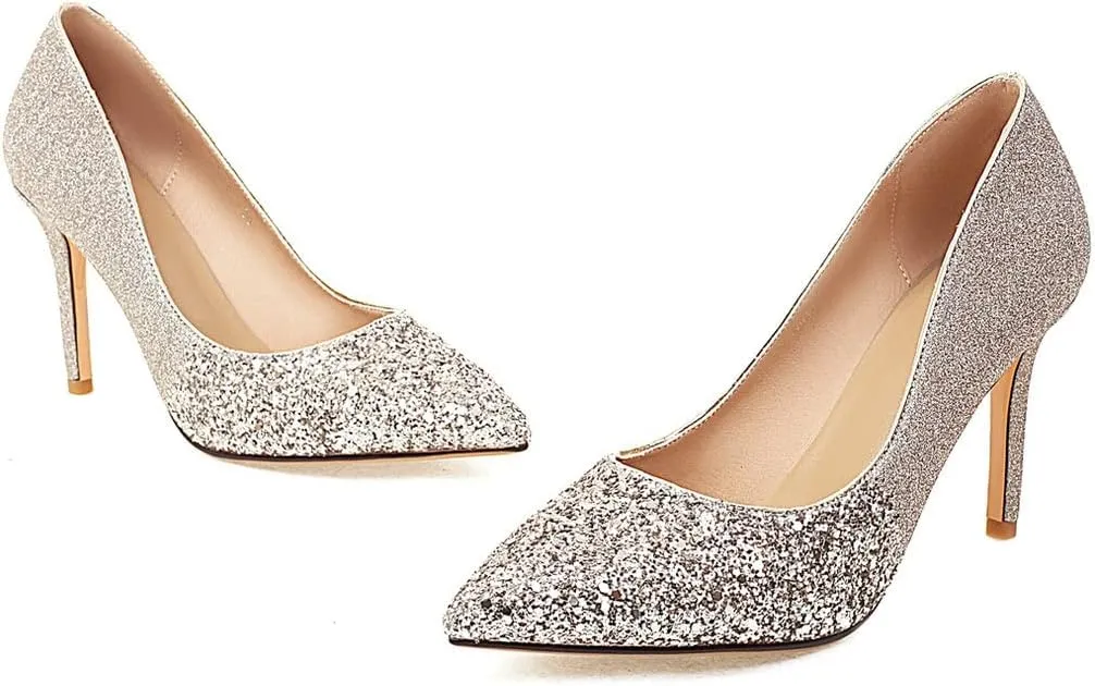 Meefit Women Glitter High Heel Pumps Stiletto Pointed Toe Slip On Sparkly Pumps