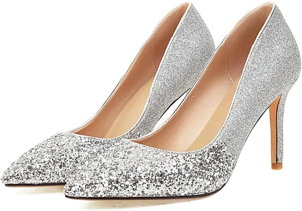 Meefit Women Glitter High Heel Pumps Stiletto Pointed Toe Slip On Sparkly Pumps