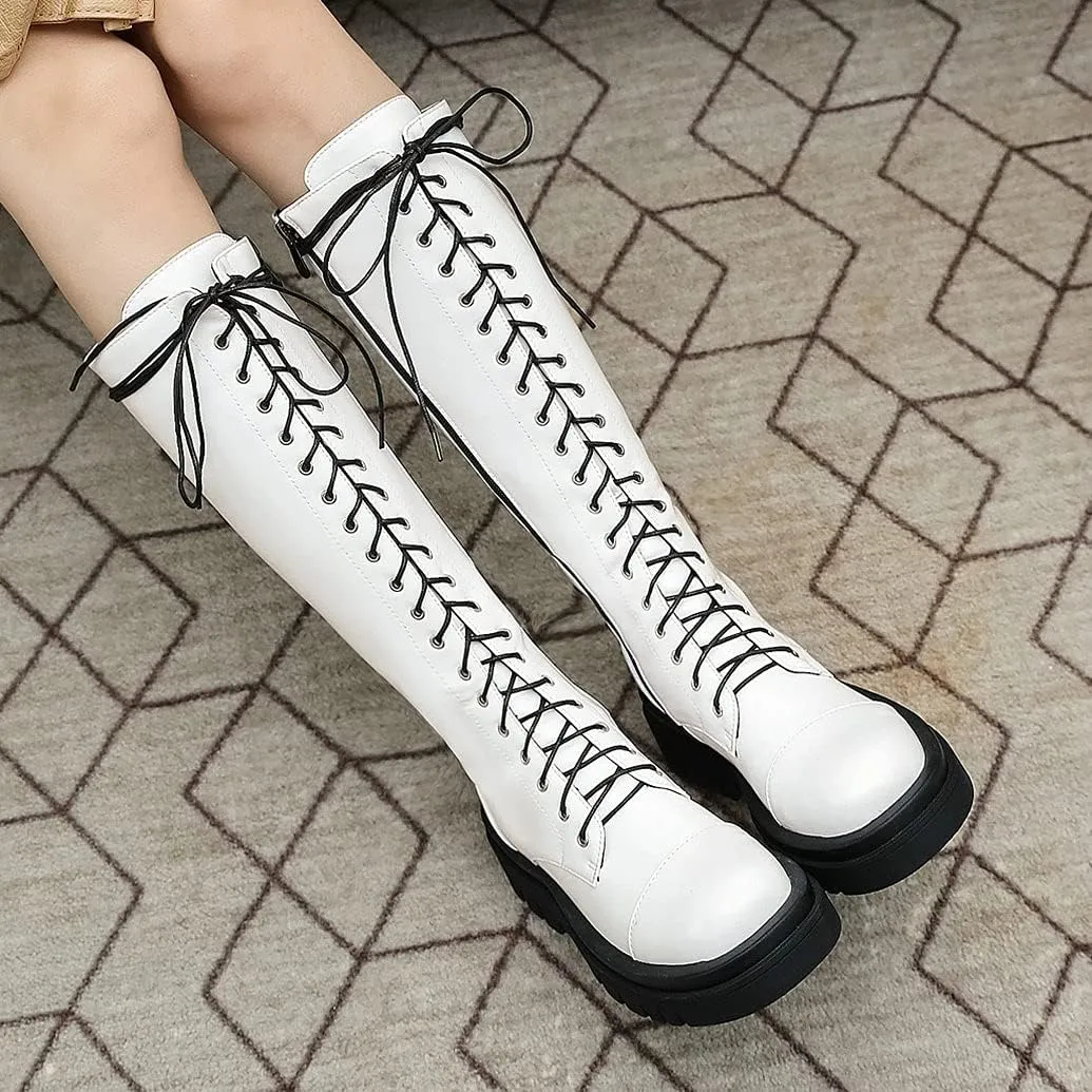 Meefit Women Goth Knee High Platform Boots Lace Up Chunky Heel Combat Tall Boots