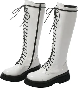 Meefit Women Goth Knee High Platform Boots Lace Up Chunky Heel Combat Tall Boots