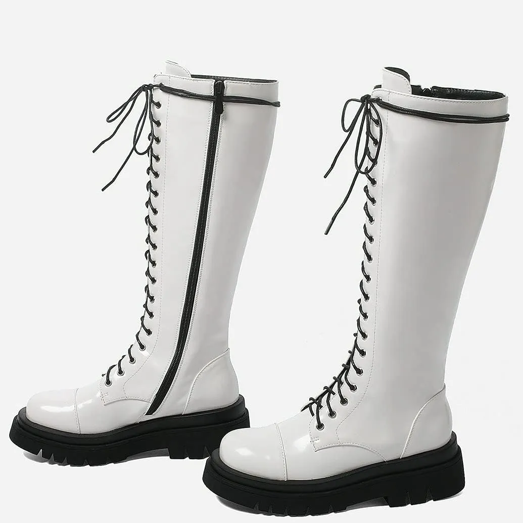 Meefit Women Goth Knee High Platform Boots Lace Up Chunky Heel Combat Tall Boots