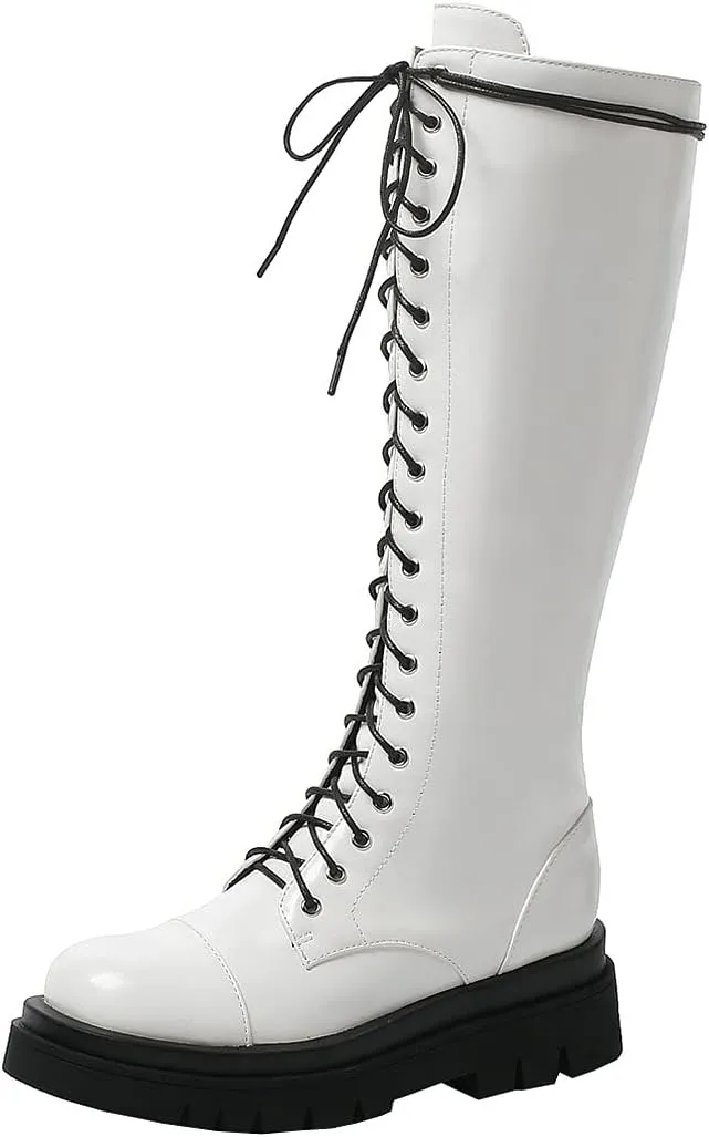 Meefit Women Goth Knee High Platform Boots Lace Up Chunky Heel Combat Tall Boots