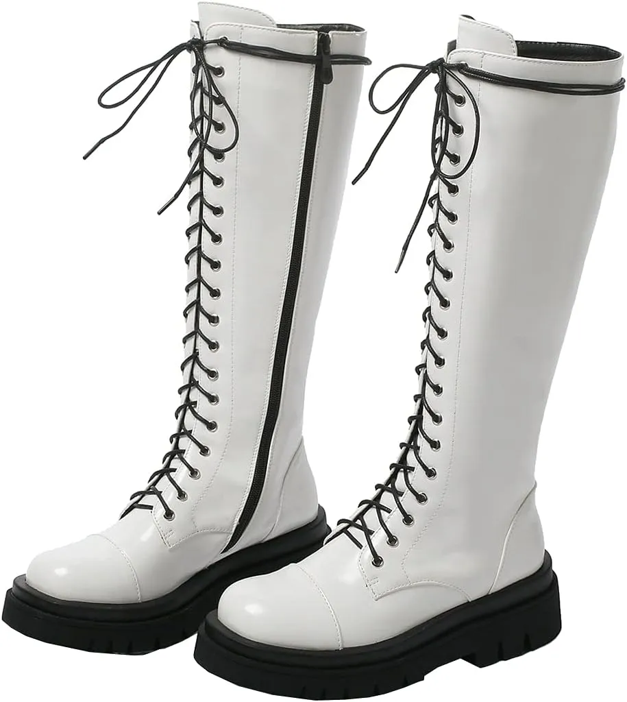 Meefit Women Goth Knee High Platform Boots Lace Up Chunky Heel Combat Tall Boots