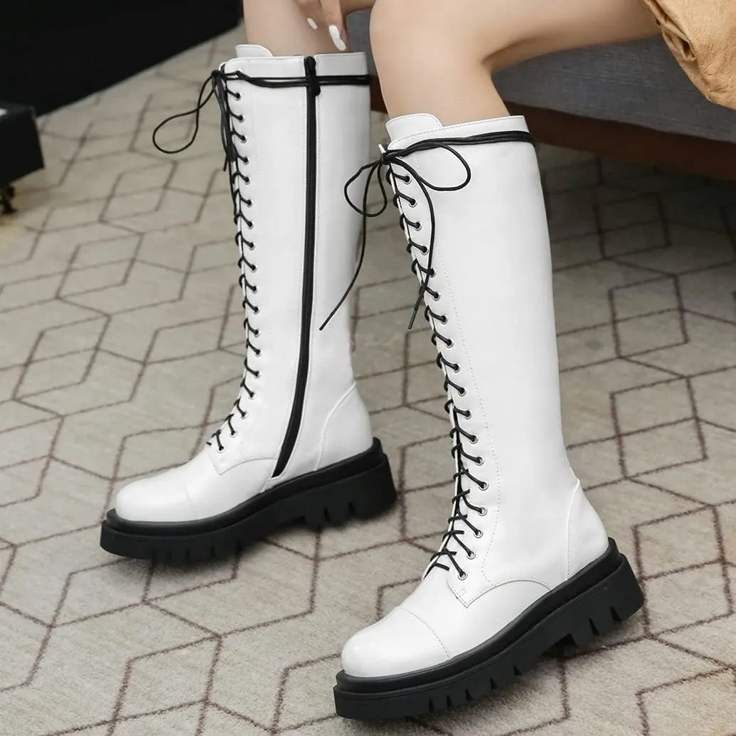 Meefit Women Goth Knee High Platform Boots Lace Up Chunky Heel Combat Tall Boots