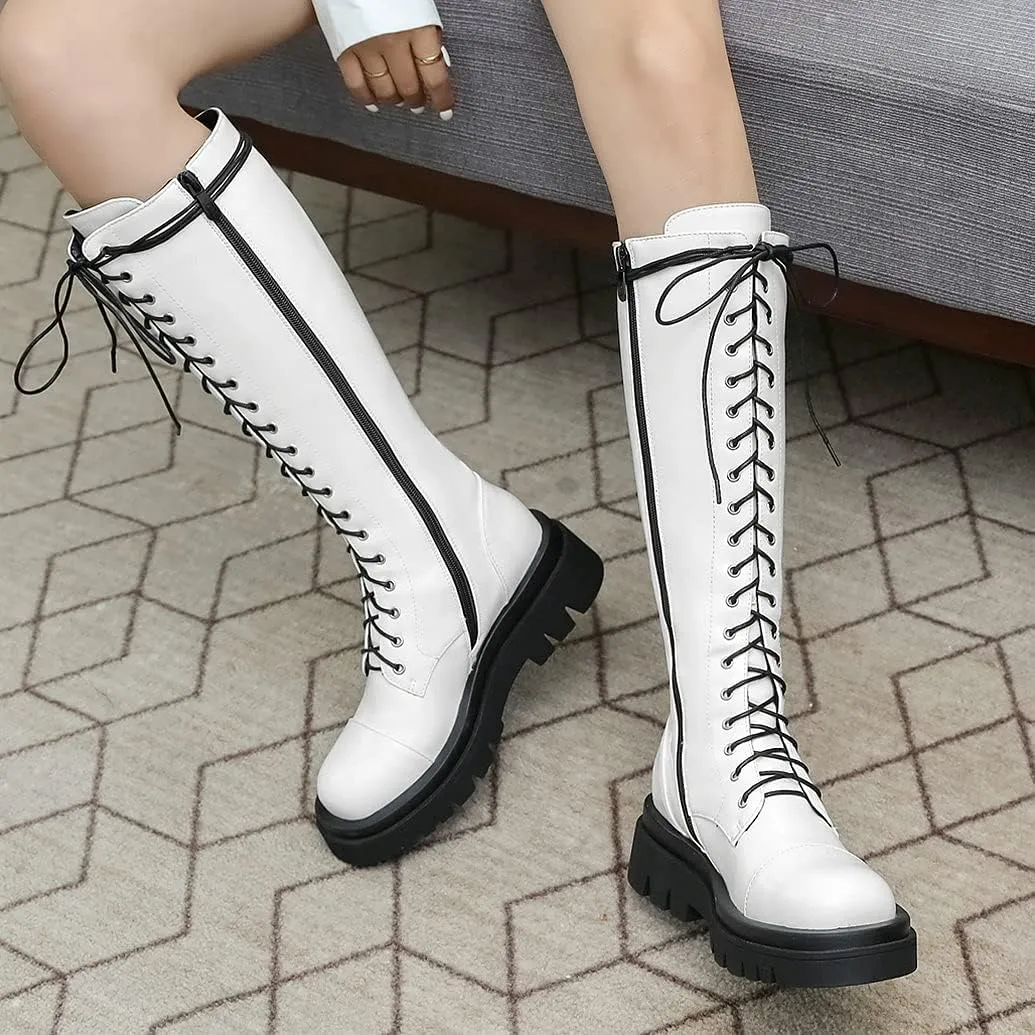 Meefit Women Goth Knee High Platform Boots Lace Up Chunky Heel Combat Tall Boots