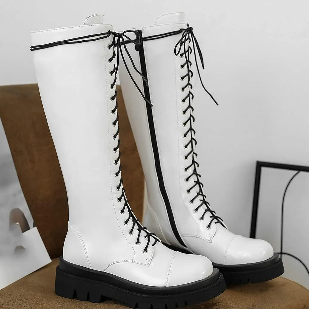 Meefit Women Goth Knee High Platform Boots Lace Up Chunky Heel Combat Tall Boots
