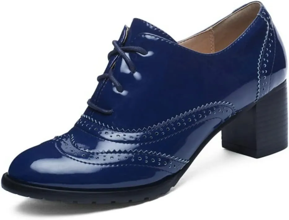 Meefit Women Lace Up Oxford Pumps Patent Leather Chunky Heel Wingtip Pumps