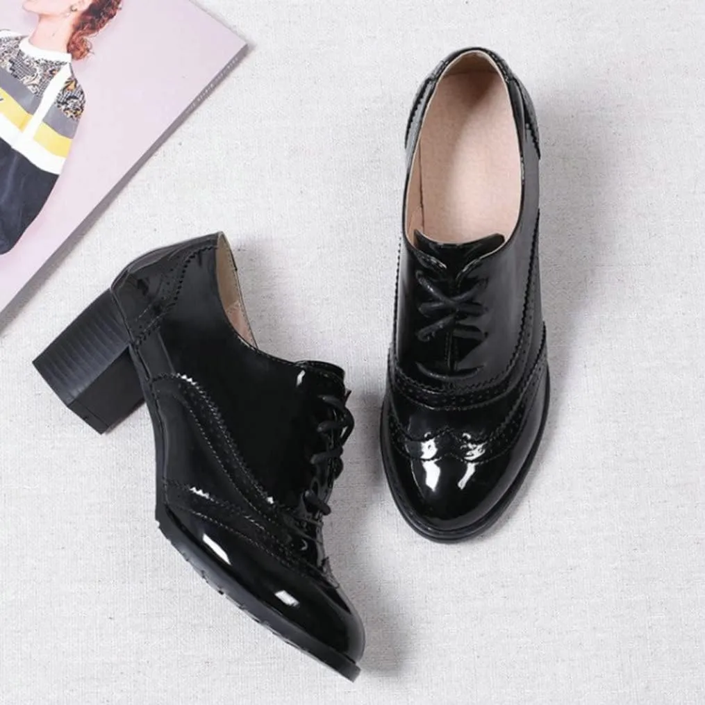 Meefit Women Lace Up Oxford Pumps Patent Leather Chunky Heel Wingtip Pumps
