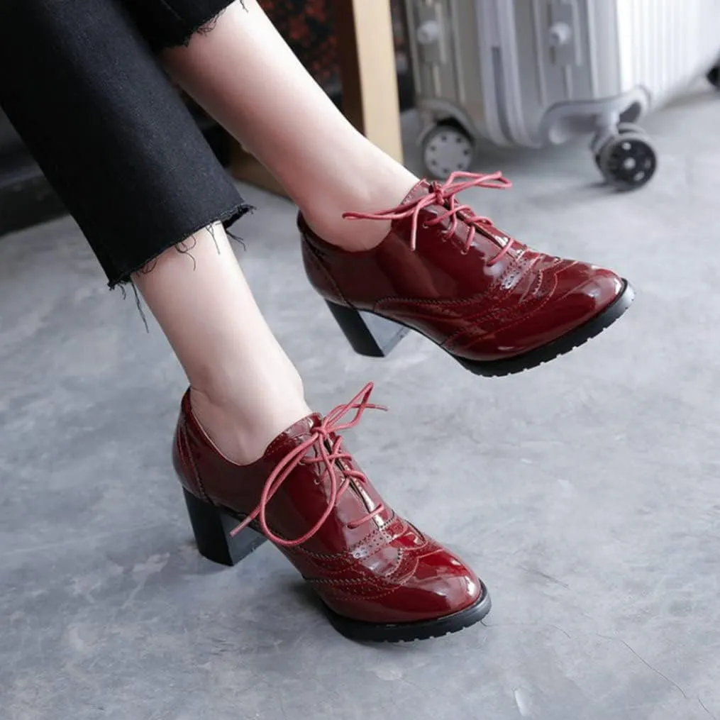 Meefit Women Lace Up Oxford Pumps Patent Leather Chunky Heel Wingtip Pumps