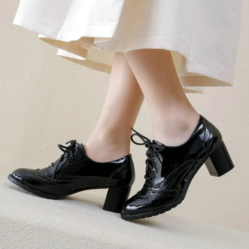Meefit Women Lace Up Oxford Pumps Patent Leather Chunky Heel Wingtip Pumps