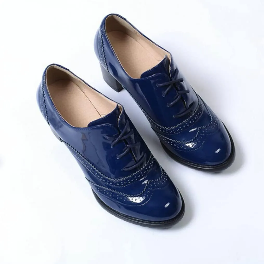 Meefit Women Lace Up Oxford Pumps Patent Leather Chunky Heel Wingtip Pumps