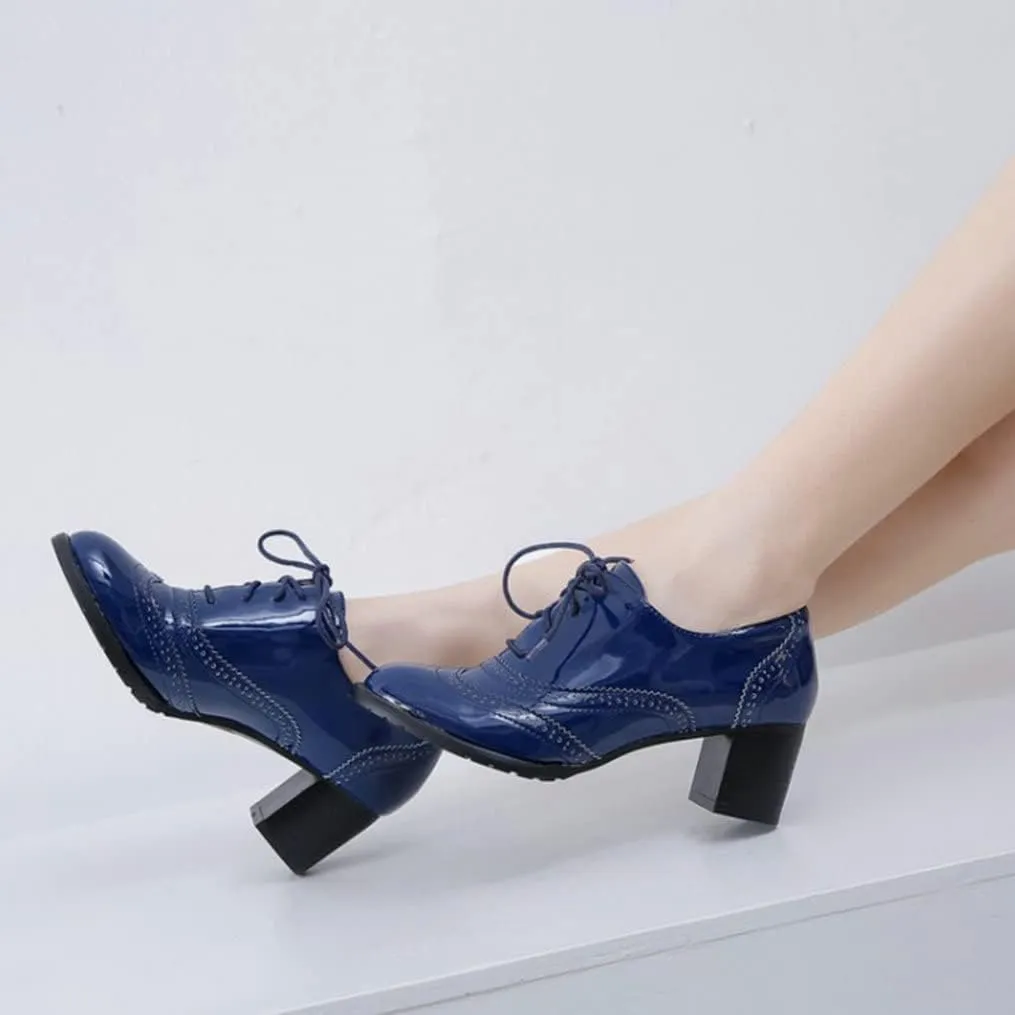 Meefit Women Lace Up Oxford Pumps Patent Leather Chunky Heel Wingtip Pumps