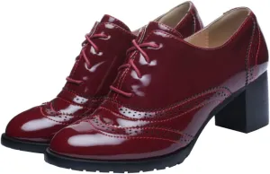 Meefit Women Lace Up Oxford Pumps Patent Leather Chunky Heel Wingtip Pumps