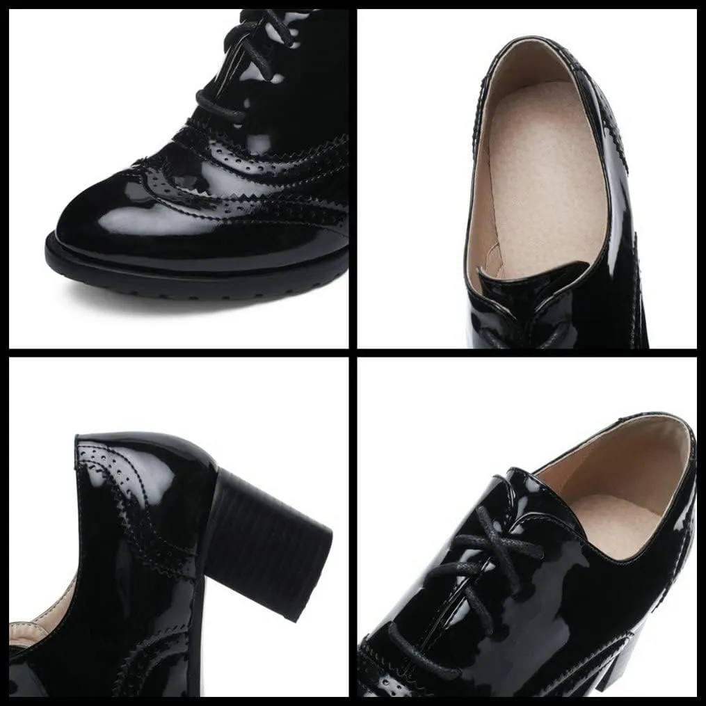Meefit Women Lace Up Oxford Pumps Patent Leather Chunky Heel Wingtip Pumps