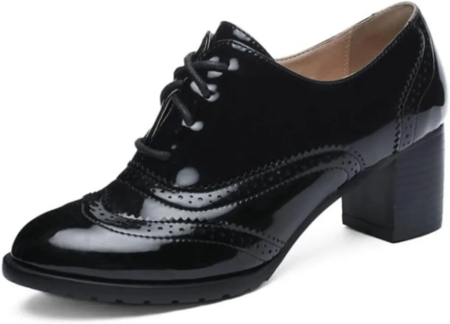Meefit Women Lace Up Oxford Pumps Patent Leather Chunky Heel Wingtip Pumps