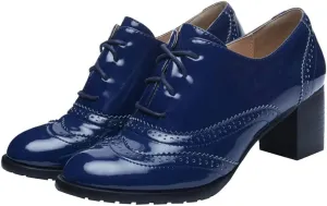 Meefit Women Lace Up Oxford Pumps Patent Leather Chunky Heel Wingtip Pumps