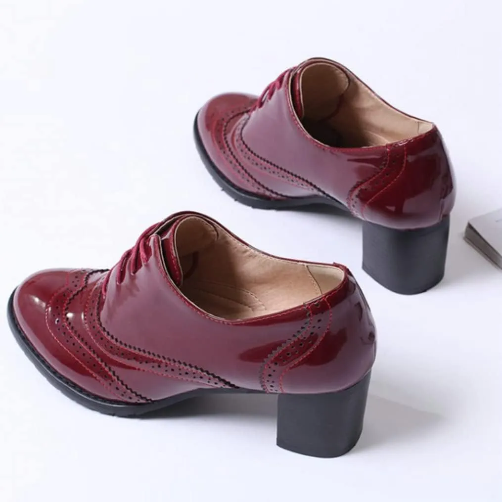 Meefit Women Lace Up Oxford Pumps Patent Leather Chunky Heel Wingtip Pumps