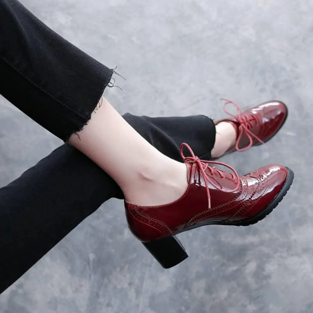 Meefit Women Lace Up Oxford Pumps Patent Leather Chunky Heel Wingtip Pumps