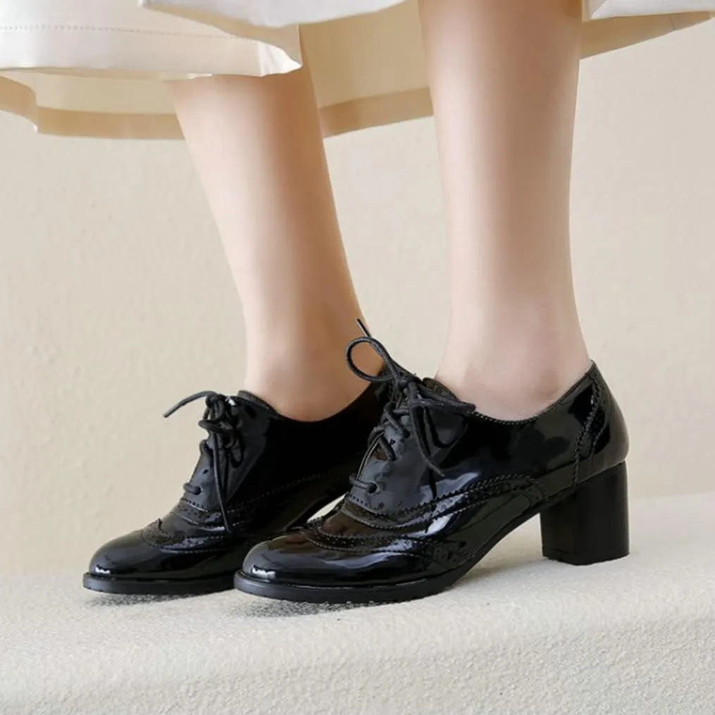Meefit Women Lace Up Oxford Pumps Patent Leather Chunky Heel Wingtip Pumps