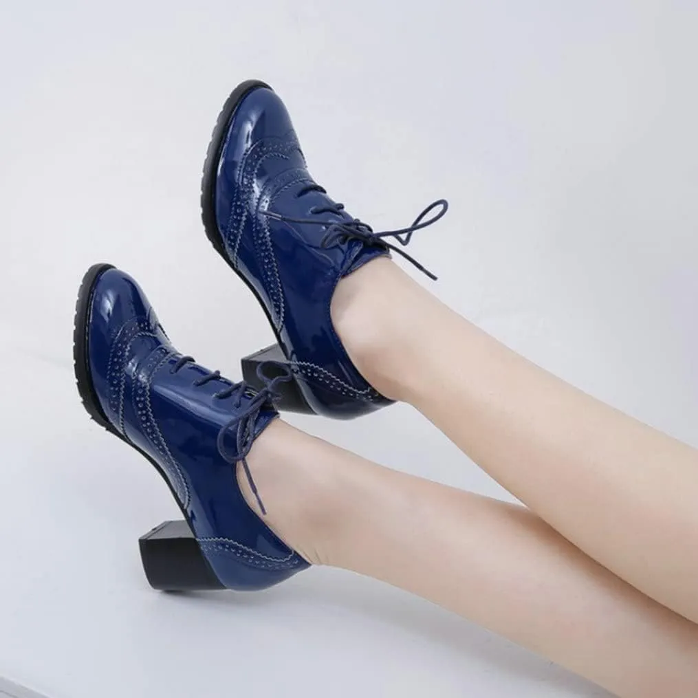 Meefit Women Lace Up Oxford Pumps Patent Leather Chunky Heel Wingtip Pumps