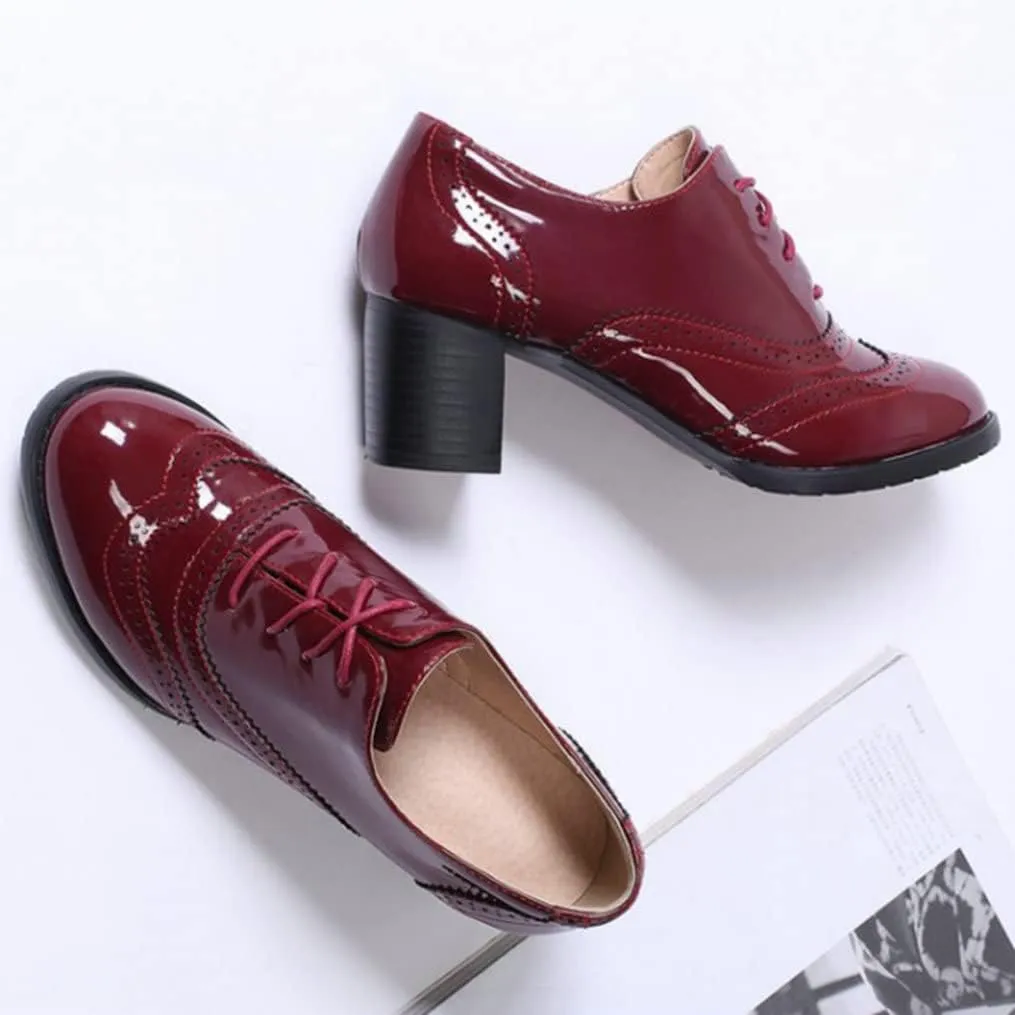 Meefit Women Lace Up Oxford Pumps Patent Leather Chunky Heel Wingtip Pumps